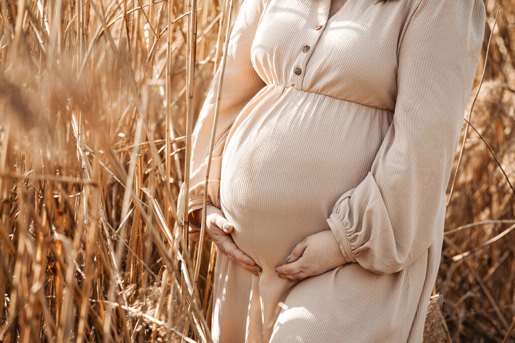 Im Schilf steht ein Babybauch, es zeigt eine Nahaufnahme.